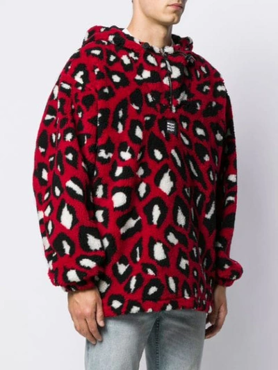 Shop Msgm Animal Print Shearling Hooded Sweater In Red