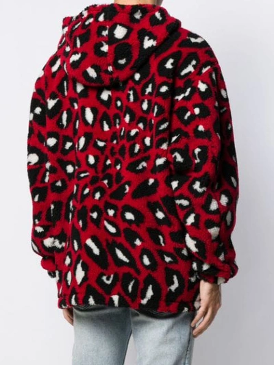 Shop Msgm Animal Print Shearling Hooded Sweater In Red