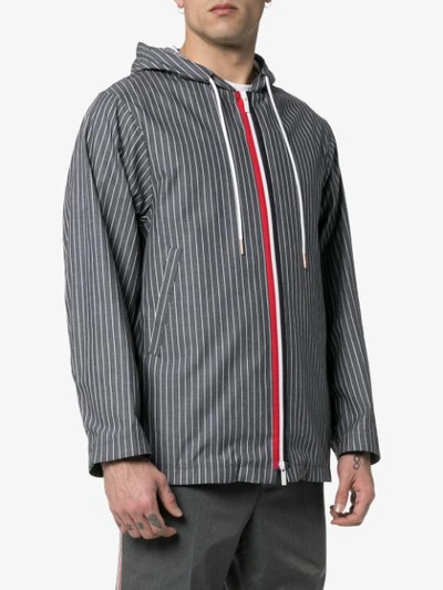 Shop Thom Browne Stripe Print Hooded Cotton Jacket In Blue