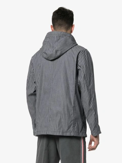 Shop Thom Browne Stripe Print Hooded Cotton Jacket In Blue
