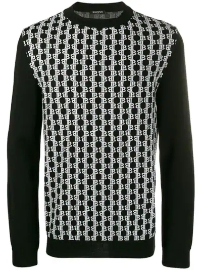 Shop Balmain Monogram Print Knitted Sweater In Black