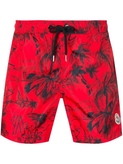 Shop Moncler Scribble Tropical Print Swim Shorts In Red