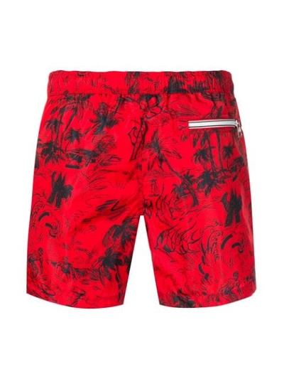 Shop Moncler Scribble Tropical Print Swim Shorts In Red