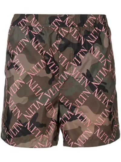 Shop Valentino Vltn Camouflage Swim Shorts In Green