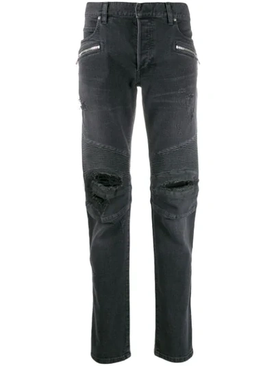 Shop Balmain Ripped Slim-fit Jeans In Black