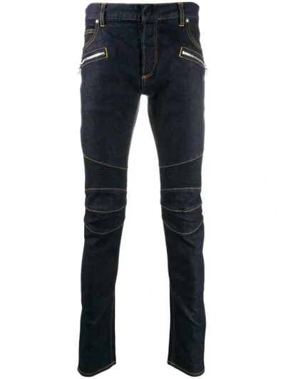 Shop Balmain Padded Knees Slim-fit Jeans In Blue