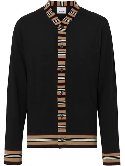 Shop Burberry Icon Stripe Detail Merino Wool Cardigan In Black