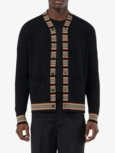 Shop Burberry Icon Stripe Detail Merino Wool Cardigan In Black