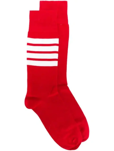 THOM BROWNE 轻质棉白色4条纹中筒袜 - 红色
