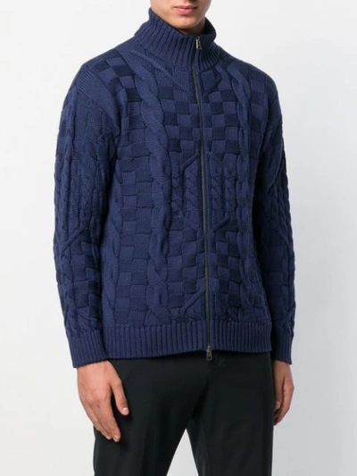 Shop Etro Checkered Cabke-knit Cardigan In Blue