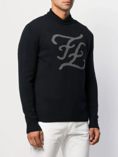 Shop Fendi Ff Karligraphy Knitted Jumper In Blue