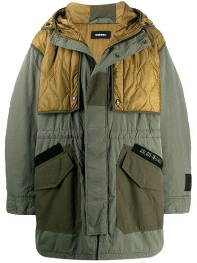 Shop Diesel Quilted Panels Parka In Green