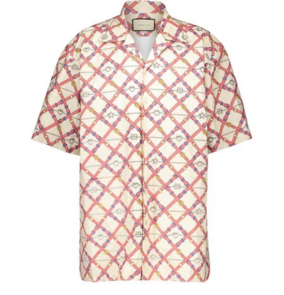 Shop Gucci Paper Feel Oversize Bowling Shirt In Ivory Red