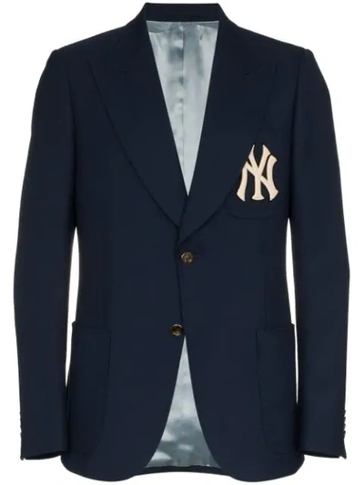 Shop Gucci X Mlb Ny Yankees Embroidered Single Breasted Wool Blend Blazer In Blue