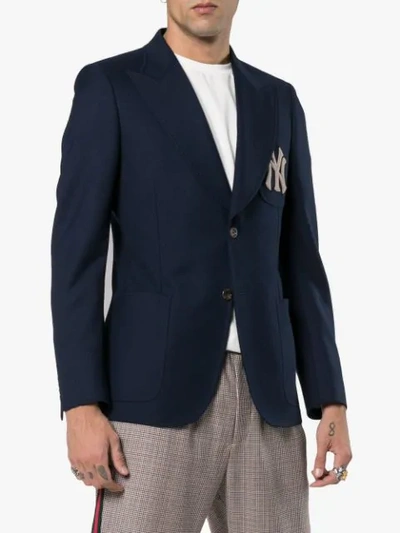 Shop Gucci X Mlb Ny Yankees Embroidered Single Breasted Wool Blend Blazer In Blue