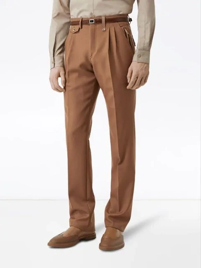 Shop Burberry Zip Detail Wool Twill Pleated Trousers In Brown