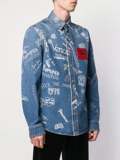 Shop Versace Printed Denim Shirt In Blue