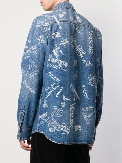 Shop Versace Printed Denim Shirt In Blue