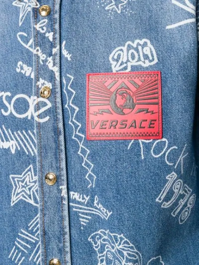 Shop Versace Printed Denim Shirt In Blue