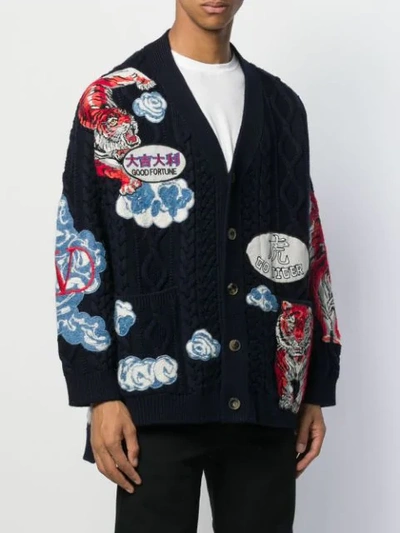 Shop Valentino Tiger Embroidered Cardigan In M12 Navy