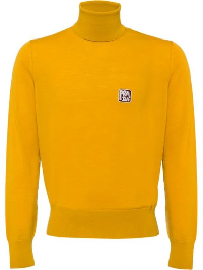Shop Prada Logo Turtleneck Jumper In Yellow