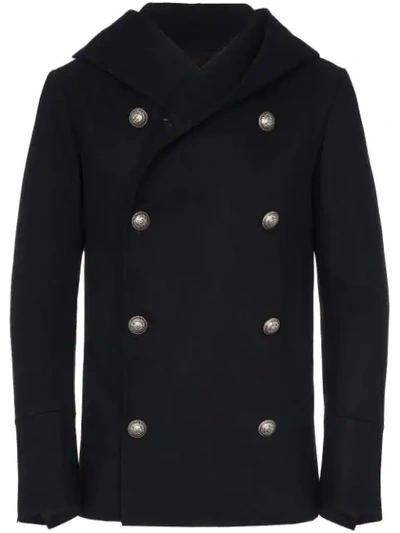 BALMAIN DOUBLE-BREASTED HOODED PEACOAT - 蓝色