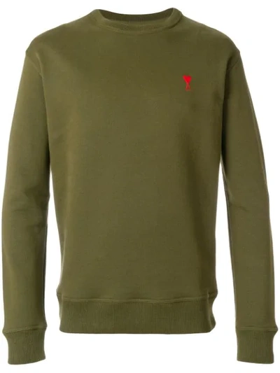 Shop Ami Alexandre Mattiussi Crew Neck Sweatshirt With Red Ami De Coeur Embroidery In Green