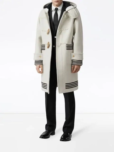 Shop Burberry Hooded Striped Duffle Coat In White