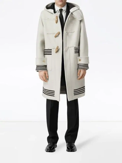 Shop Burberry Hooded Striped Duffle Coat In White