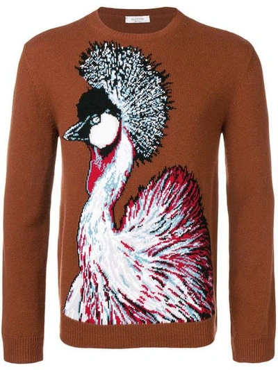 Shop Valentino Bird Intarsia Knit Sweater In Brown