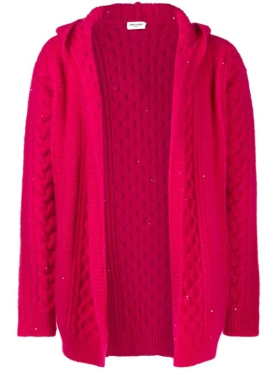 Shop Saint Laurent Cable-knit Hooded Cardigan In Pink