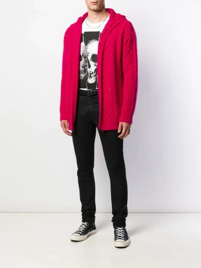 Shop Saint Laurent Cable-knit Hooded Cardigan In Pink