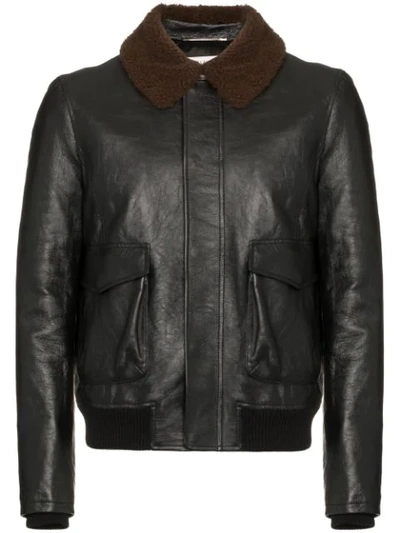 Shop Saint Laurent Shearling Collar Leather Flight Jacket In Black