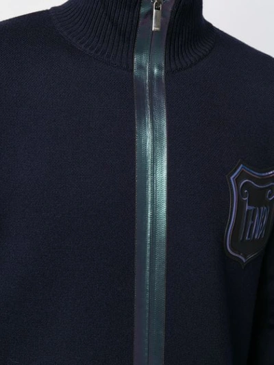 Shop Fendi Logo Emblem Zipped Jumper In Blue