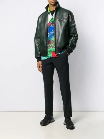 Shop Prada Leather Bomber Style Jacket In  Green