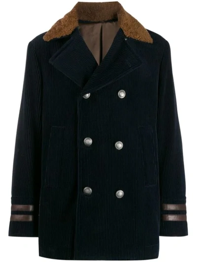 Shop Brunello Cucinelli Double-breasted Corduroy Peacoat In Blue