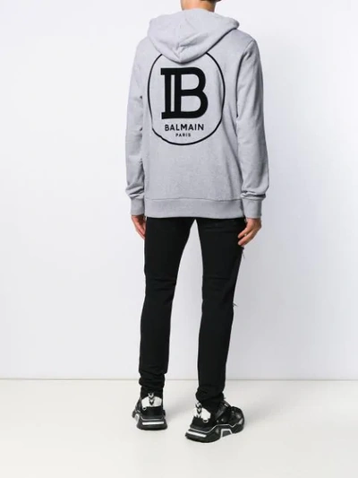 Shop Balmain Velour Back Logo Hooded Sweater In Grey