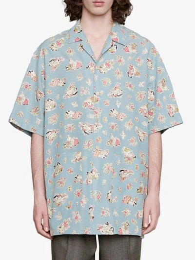 Shop Gucci Shunga Print Bowling Shirt In Blue