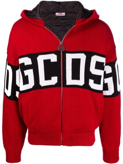 Shop Gcds Zip Up Knit Hoodie In Red