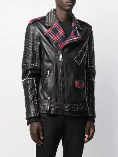 Shop Philipp Plein Tartan Lined Biker Jacket In Black