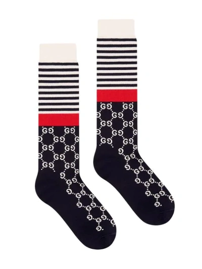 Shop Gucci Navy And White Logo Intarsia Cotton Blend Socks In Blue