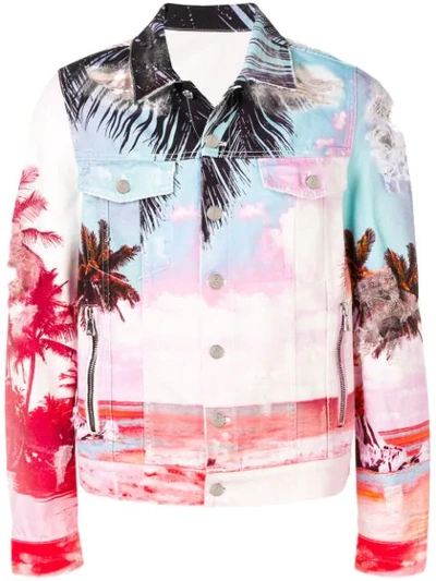 Shop Balmain Tropical Print Denim Jacket In Blue