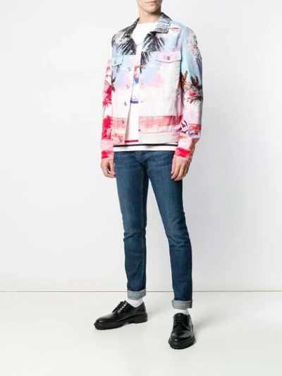 Shop Balmain Tropical Print Denim Jacket In Blue