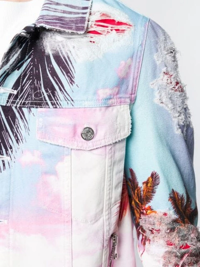 Shop Balmain Tropical Print Denim Jacket In Blue