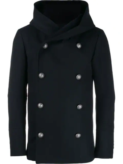 Shop Balmain Hooded Double-breasted Coat In Blue