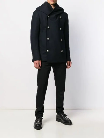 Shop Balmain Hooded Double-breasted Coat In Blue