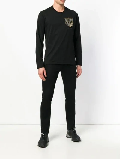 Shop Versace Jeans Metallic Printed Logo Long Sleeve T-shirt - Black