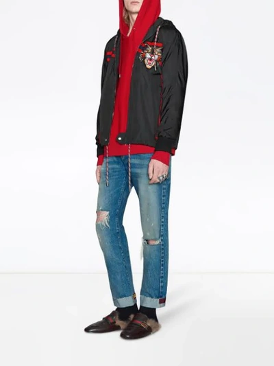 Shop Gucci Nylon Windbreaker With Angry Cat Appliqué In Black