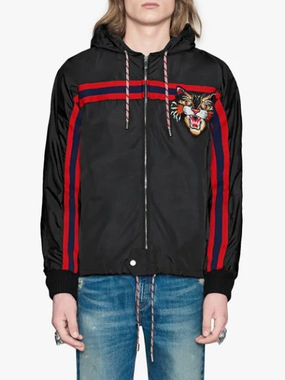 Shop Gucci Nylon Windbreaker With Angry Cat Appliqué In Black