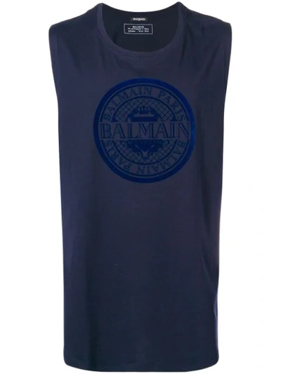 Shop Balmain Logo Vest Top In Blue